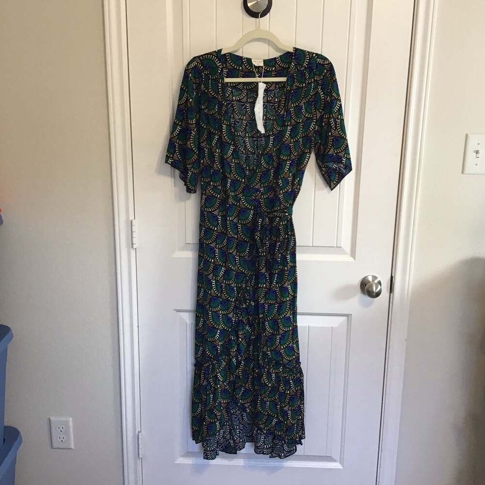 Silk & Salt Geometric Print Wrap Midi Dress Size XS Boho Flirty NWT - Picture 2 of 13